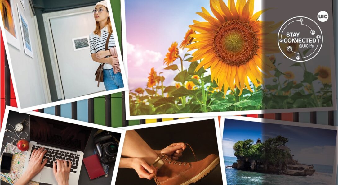 Collage of photos from spring break. Student in a museum,  sunflowers, wearing a hiking boot, working on a laptop.