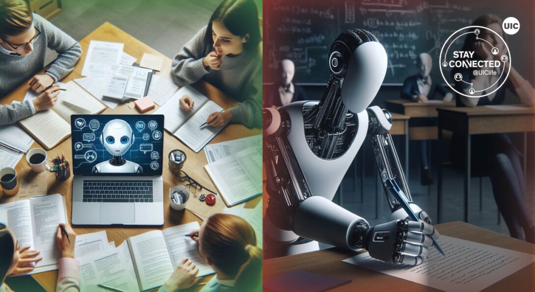 students sitting around an ai computer and a robot completing an assignment